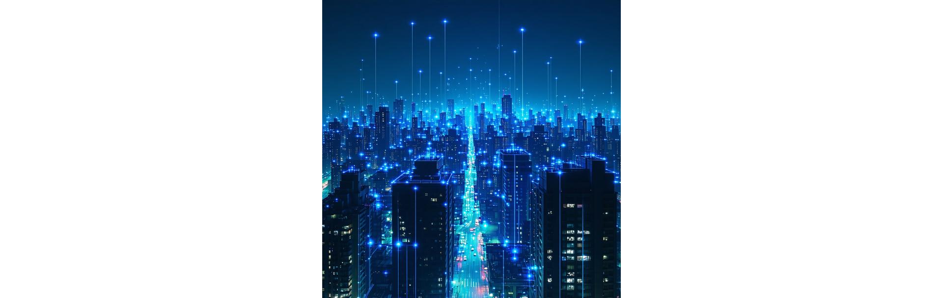 Immagine di una moderna città illuminata con infrastruttura di fibra ottica